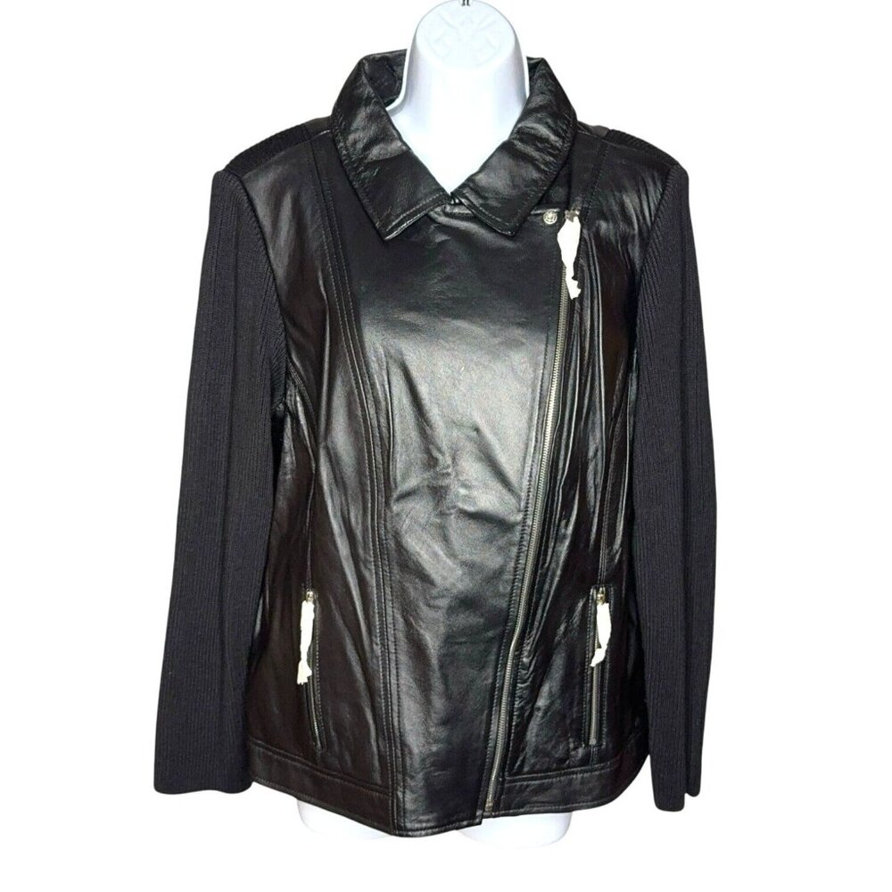 Leather Moto Jacket Zip Up Soft Black Knit Back Sleeves 18W Lined Casual Hip - Picture 2 of 16